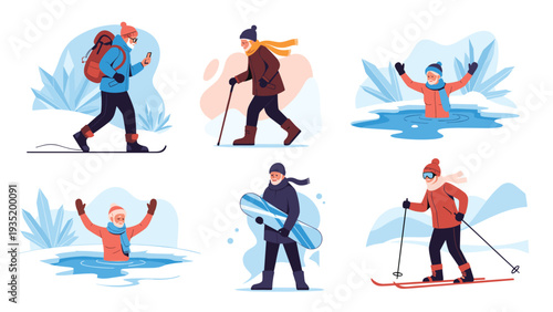 Active senior citizens participating in various outdoor winter sports like skiing, snowboarding, and ice swimming.