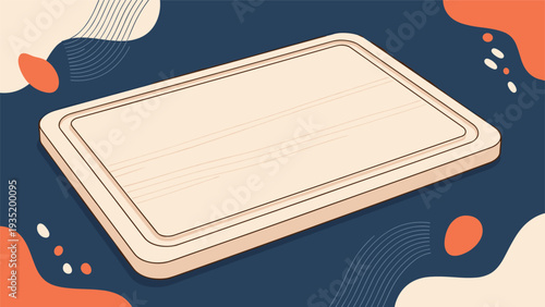 Empty wooden cutting board for food preparation displayed at an angle against a dark background with abstract art.