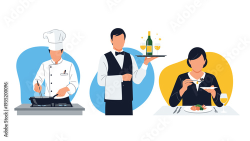 Series of restaurant themed illustrations featuring a chef cooking, a waiter serving, and a woman eating a meal.
