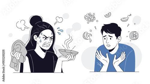 Angry woman complaining about a hot and steaming bowl of food to a worried man who is shrugging his shoulders in a modern kitchen.