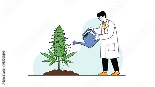 Scientist in a white lab coat and safety goggles using a blue watering can to take care of a large green cannabis plant in a laboratory.