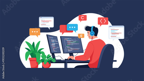 Dedicated male programmer wearing blue headphones and working on code using two computer monitors in a clean and modern office.