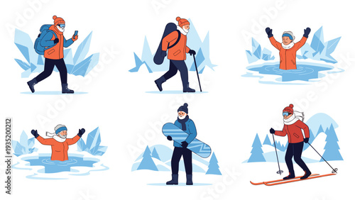 Set of various illustrations showing different people enjoying winter outdoor activities like skiing, snowboarding, and ice swimming.
