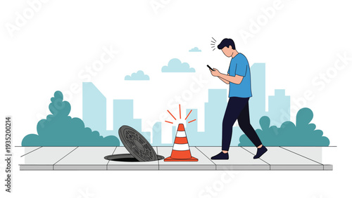 Distracted man looking at his mobile phone while walking on a city sidewalk and approaching an open manhole marked with a traffic cone.