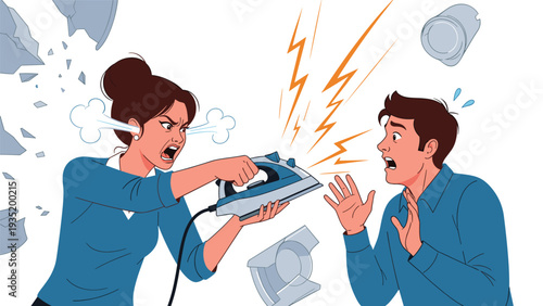 Angry young woman pointing a hot iron at a terrified man during a heated domestic argument with broken dishes in the background.