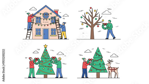 Collection of colorful illustrations showing people decorating their homes and trees for the festive and happy Christmas holiday season.