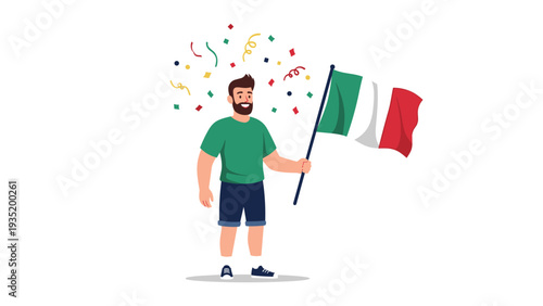Happy man holding a waving Italian flag while colorful confetti falls around him in a proud celebration of national pride or victory.