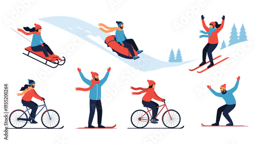 Variety of people characters performing various winter sports and activities like sledding, skiing, and cycling on the fresh snow.