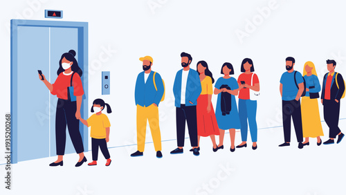 Group of diverse people wearing face masks and standing in a socially distanced line while waiting to enter a building elevator.