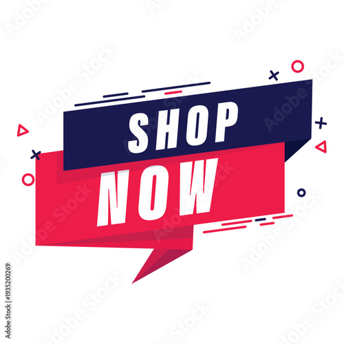 Shop now flat design label for e-commerce calls to action, retail marketing, and minimalist shopping stickers.
