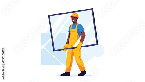 Strong construction worker wearing a yellow hard hat and overalls while carrying a large and heavy pane of glass on a job site.