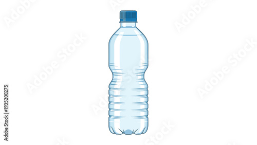 Single clear plastic bottle filled with fresh drinking water and sealed with a blue screw cap isolated on a clean white background.