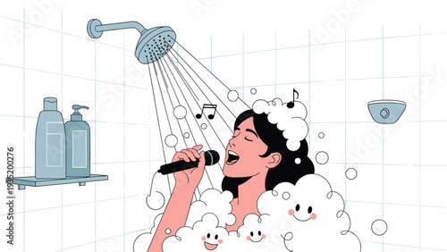 Happy woman singing into a shower head like a microphone while taking a bubble bath with cute smiling soap suds around her.