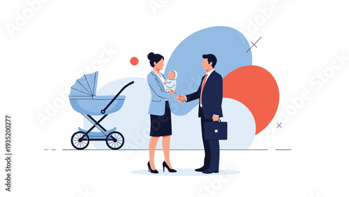 Businesswoman wearing a light blue jacket and holding her baby shakes hands with a professional man near a dark blue stroller.