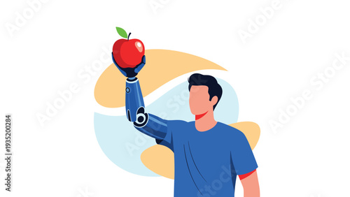 Innovation concept showing a man with a blue robotic prosthetic arm holding up a fresh red apple against a clean abstract background.
