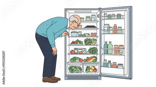 Elderly man with glasses looking into an open refrigerator filled with various fresh vegetables, jars, and bottles of healthy food.