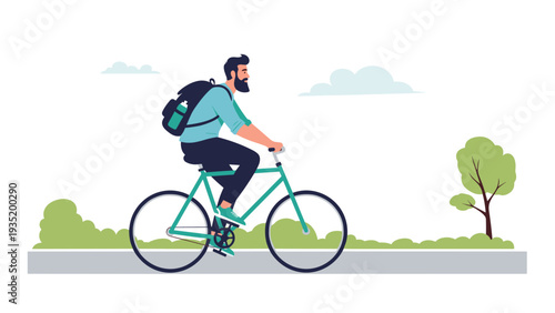 Bearded man with a backpack riding a bicycle on a straight road through a green and lush park with trees and clouds in the sky.
