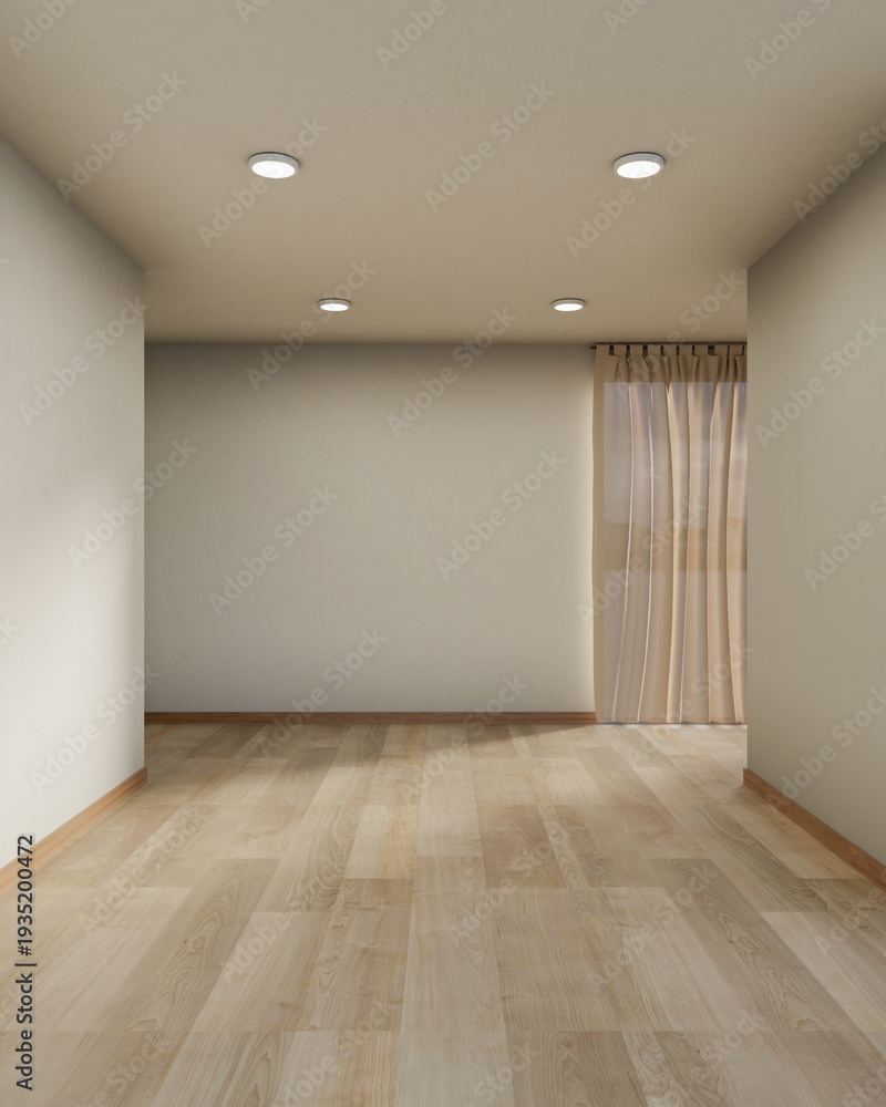 Obraz premium White wall on wooden parquet floor with sunlight through curtain covered window in empty modern room