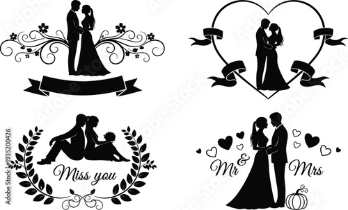 Elegant wedding silhouette collection featuring romantic couples bride and groom in decorative frames with floral ornaments hearts and banners isolated on white background
