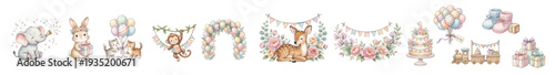 Cute Happy birthday clipart. Pastel watercolor nursery birthday elements with animals gifts and balloons. Collection of Vector illustrations. Perfect for invitation, card, poster, banner, decoration
