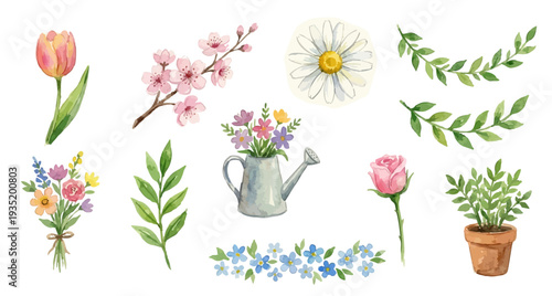 Floral clipart set. Cute garden clipart set with flowers leaves and plants. Bouquet watering can potted herb. Collection of Vector illustrations. Perfect for invitation, card, poster, banner