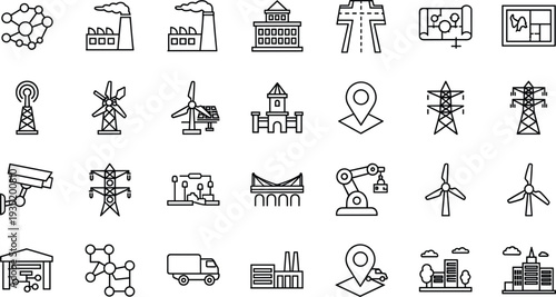 Industrial infrastructure and technology line icons set including factory power plant network transport engineering vector illustration collection