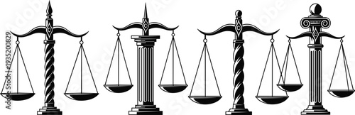 Justice scales icon set with legal balance symbols court law equality judiciary emblem vector illustration