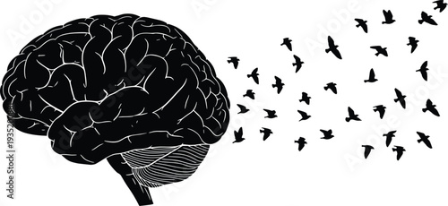 Human brain with flying birds, creative freedom illustration, mind liberation concept, black white vector art, thoughts release, cad drawing flat vector illustration