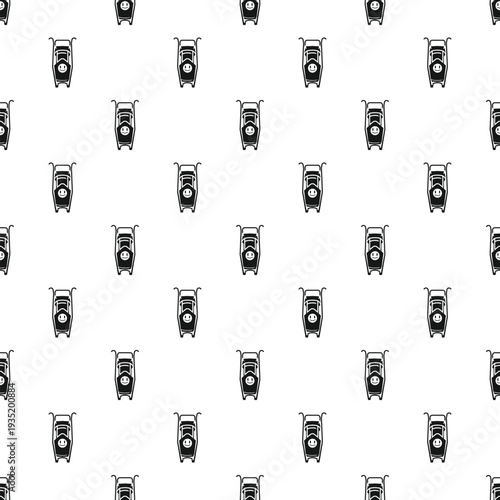 Seamless pattern of black and white manual push reel lawn mowers