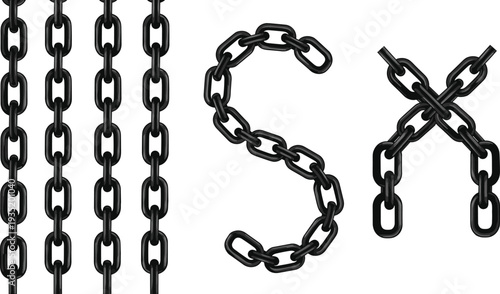 Industrial chain typography design, creative letters illustration, S X shapes vector art, black links concept, metal style artwork, cad drawing flat vector illustration