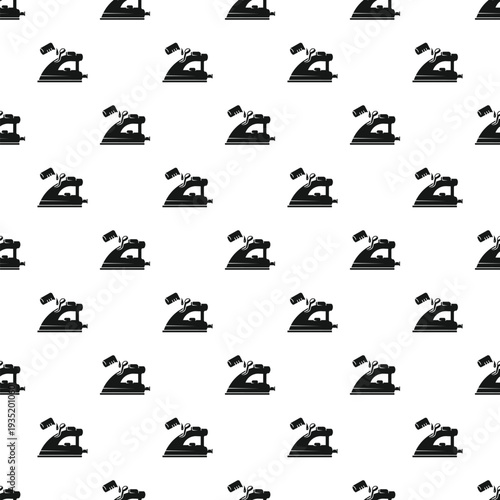 Repeating pattern showing black steam irons on a white background