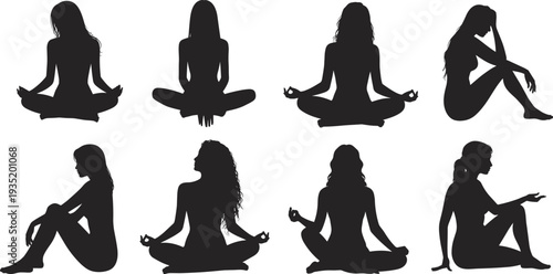 Meditation yoga silhouettes collection, seated poses illustration, mindfulness relaxation vector art, spiritual practice design, body posture study, cad drawing flat vector illustration