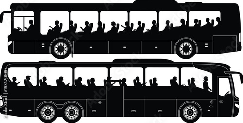 Passenger bus silhouettes, public transport vehicles, compact and elongated bus designs, seated passengers with driver, urban mobility illustration, cad drawing flat vector illustration