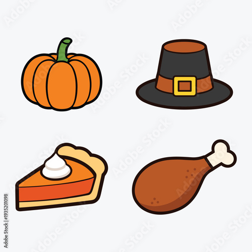 Thanksgiving icons including pumpkin, pilgrim hat, pie and turkey leg