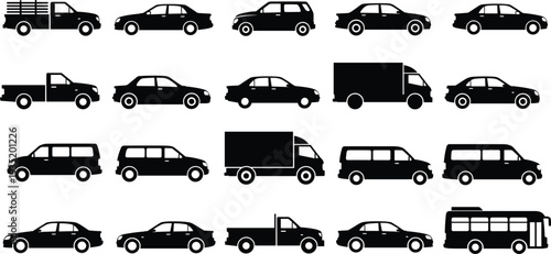 Vehicle silhouettes, sedan, SUV, pickup truck, van, box truck, bus, automotive icons, transport collection, fleet illustration, black shapes, cad drawing flat vector illustration
