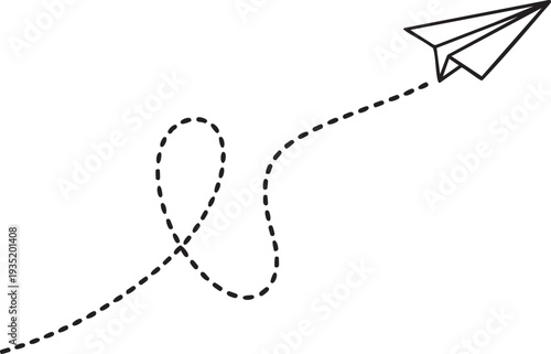 Black and white of paper airplane with dotted line trail