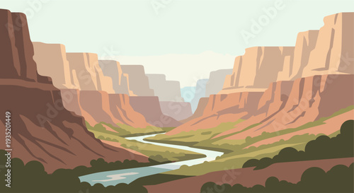Beautiful vector illustration of the Grand Canyon landscape with a flowing river, earthy tones, and a serene, peaceful mood perfect for travel or nature themes.