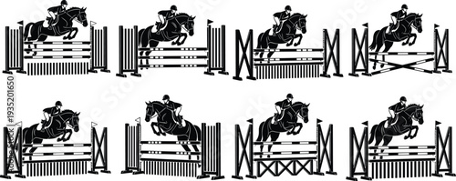 Equestrian show jumping silhouette set with rider and horse clearing obstacles, competitive jumping sport illustration isolated on white background for equine design