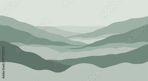 Abstract illustration of mountain layers in varying muted green tones creating a calming and serene landscape, suitable for backgrounds, design elements, or nature-themed projects.