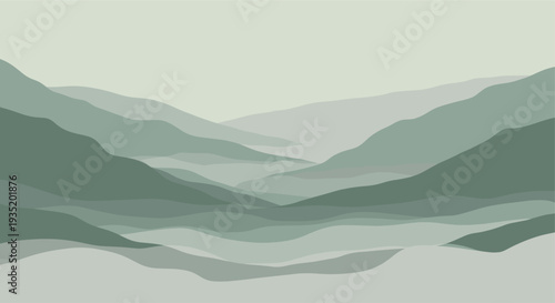 An abstract landscape illustration features a layered green mountain range fading into the distance, evoking a sense of calm and depth; ideal for backgrounds or nature themes.