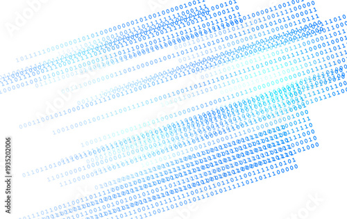 Abstract data visualization with binary digits forming smooth waves. Concept of data processing, AI, and virtual reality