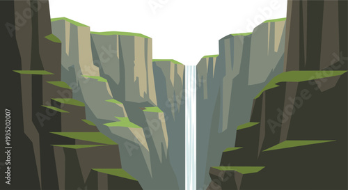 A serene illustration showcasing a tall waterfall cascading between rocky cliffs, with green patches adding a touch of nature, ideal for travel or environmental themed designs.
