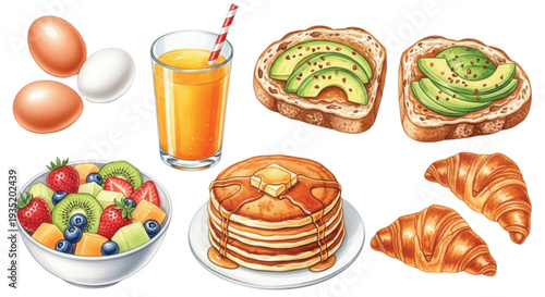 Watercolor Breakfast Food Set with Eggs, Orange Juice, Avocado Toasts, Fruit Salad Bowl, Pancakes and Croissants Isolated