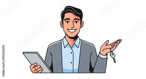 A professional young woman in business attire sits at a modern office desk while smiling warmly and working on her sleek laptop in a bright corporate environment