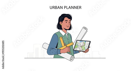 A professional young woman in business attire sits at a modern office desk while smiling warmly and working on her sleek laptop in a bright corporate environment