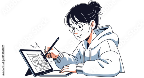 A professional young woman in business attire sits at a modern office desk while smiling warmly and working on her sleek laptop in a bright corporate environment