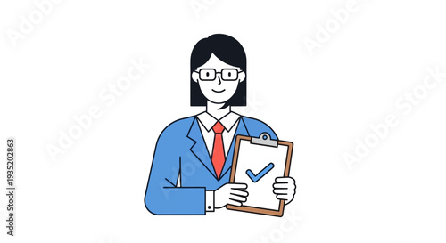 A professional young woman in business attire sits at a modern office desk while smiling warmly and working on her sleek laptop in a bright corporate environment