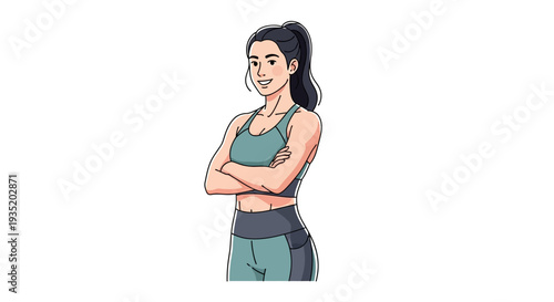 A professional young woman in business attire sits at a modern office desk while smiling warmly and working on her sleek laptop in a bright corporate environment