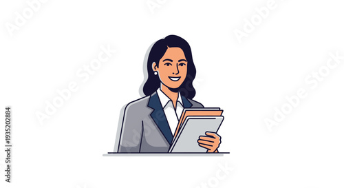 A professional young woman in business attire sits at a modern office desk while smiling warmly and working on her sleek laptop in a bright corporate environment