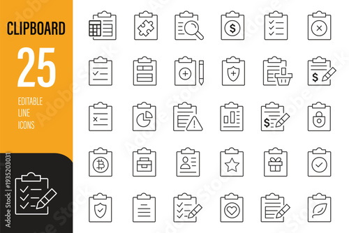 Clipboard web icons in line style. Checklist  report  petition  survey  collection. Editable stroke. Vector illustration